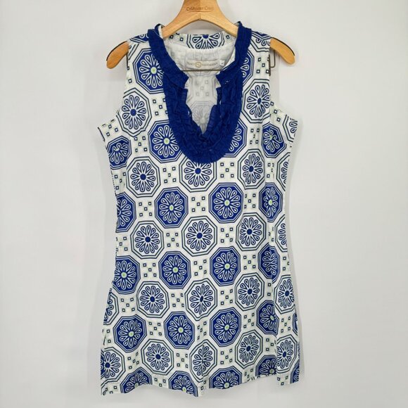 Tracy Negoshian Blue White Sleeveless dress cotton Ruffle Neckline size large - Picture 2 of 11